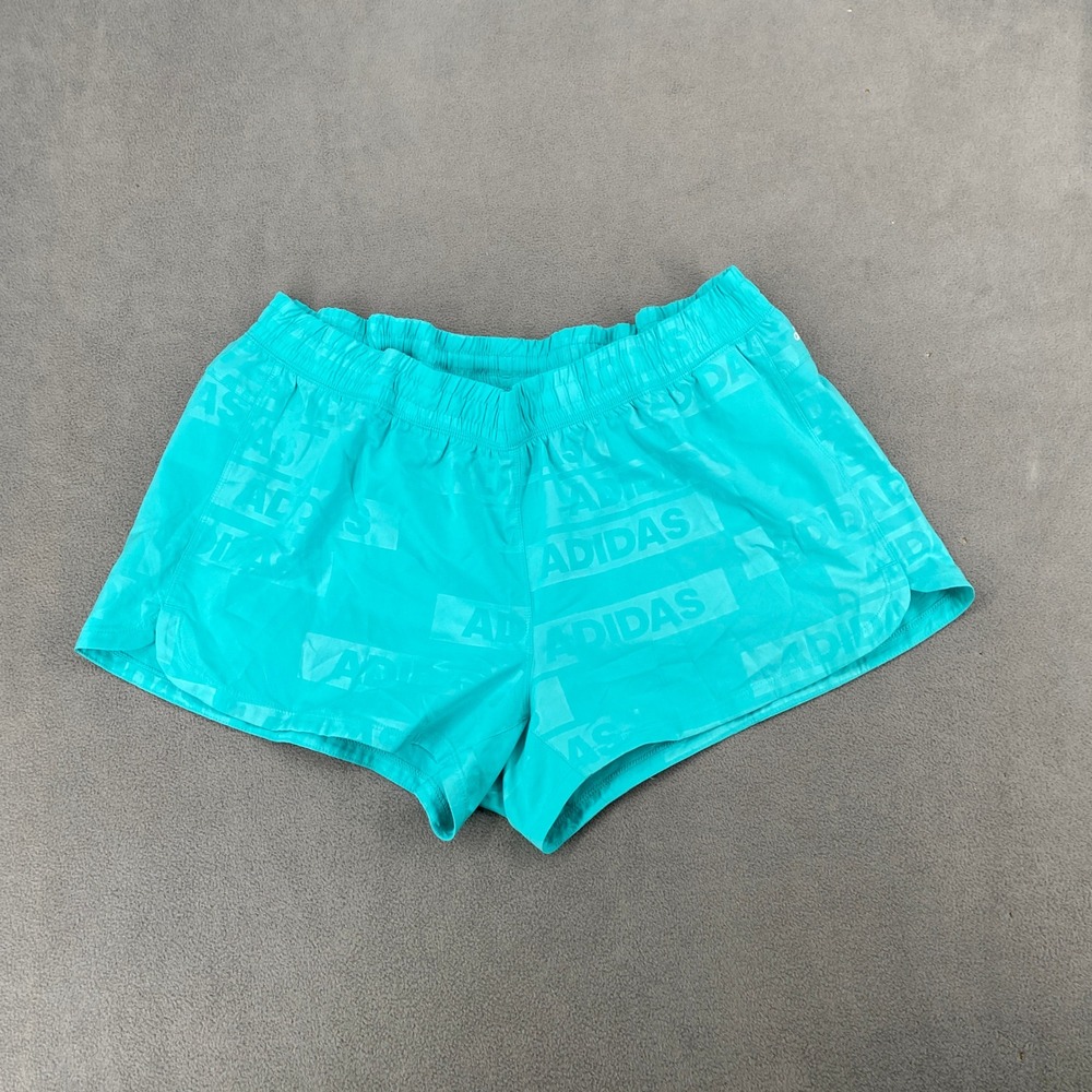 Adidas Aeroready Teal Turquoise Logo Print Running Shorts XL Women 3 Inch Inseam